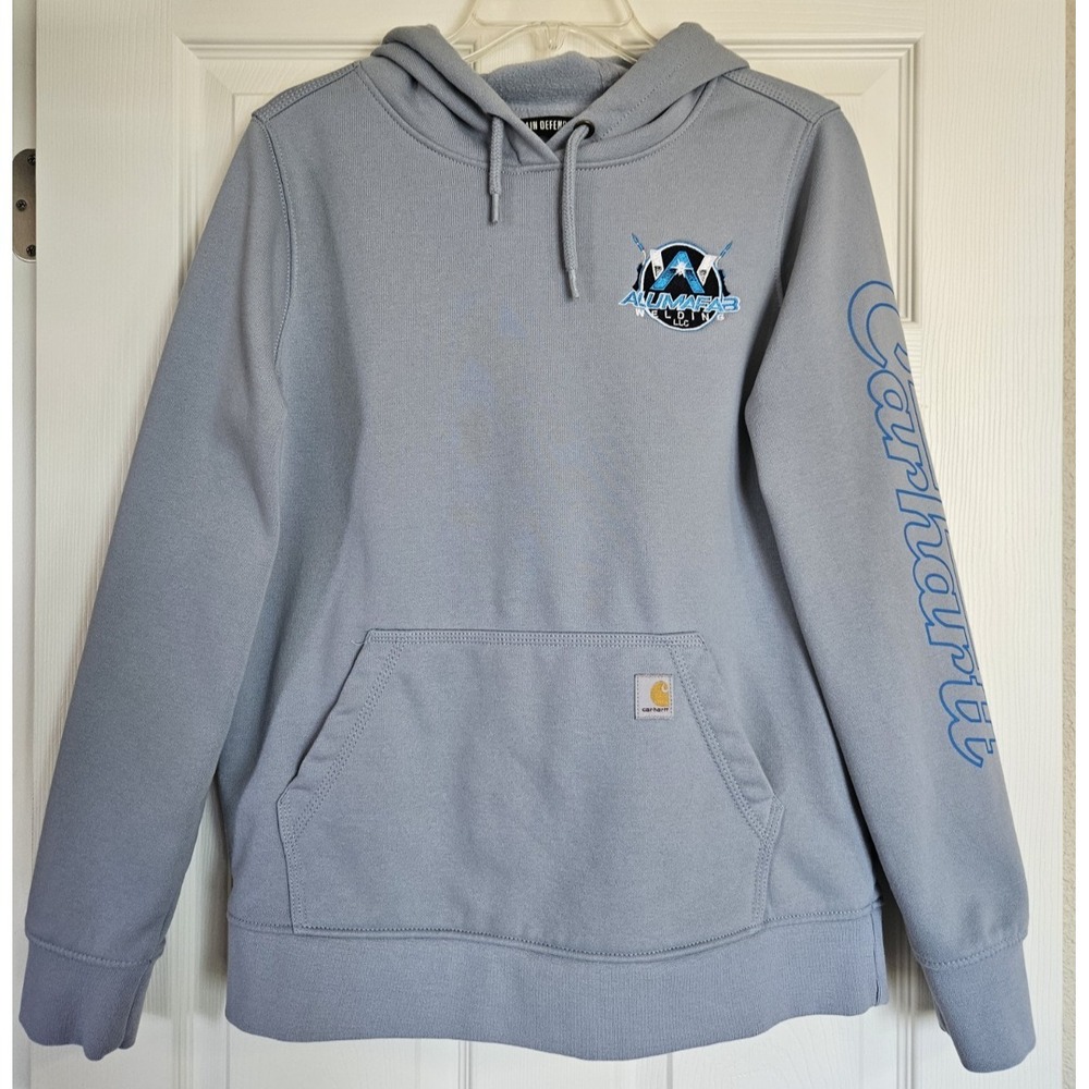 Carhartt Rain Defender Hoodie Sweatshirt Womens M 8/10 Blue Relaxed Fit Arm Logo
